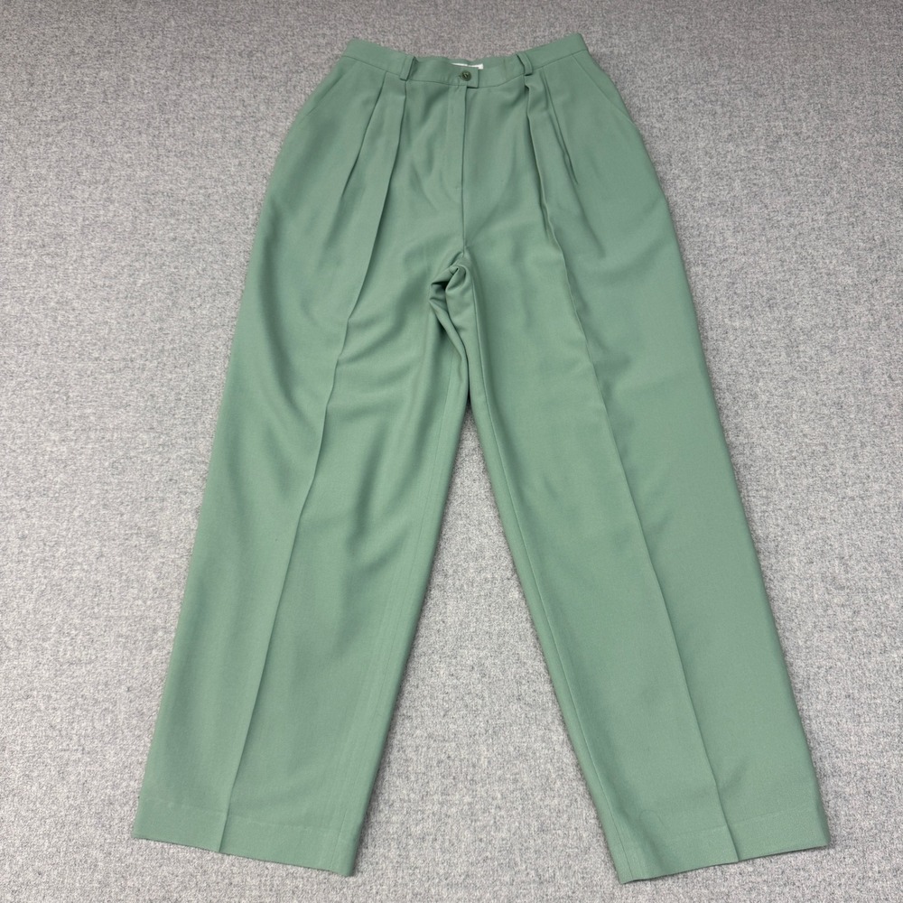 Saville for Nordstrom Trousers 14 Green Pleated Wide Leg Wool Stretch Lined